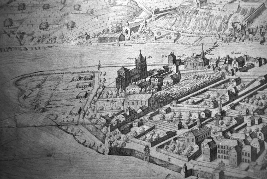 Le confluent du Rhone et de la Saone au sud de l’église d’Ainay à Lyon au 16e siècle.