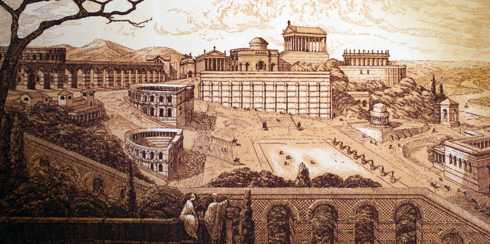 Illustration d'un possible Lyon antique : Lugdunum avec son théâtre et son odéon à Fourvière.