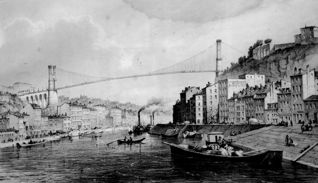 Projet de Lehaitre d'un pont suspendu entre les collines de Croix Rousse et de Fourvière à Lyon. Expo du Musée Gadagne dans le Vieux Lyon.