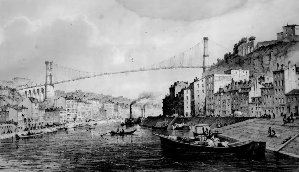 Projet de Lehaitre d'un pont suspendu entre les collines de Croix Rousse et de Fourvière à Lyon. Expo du Musée Gadagne dans le Vieux Lyon.