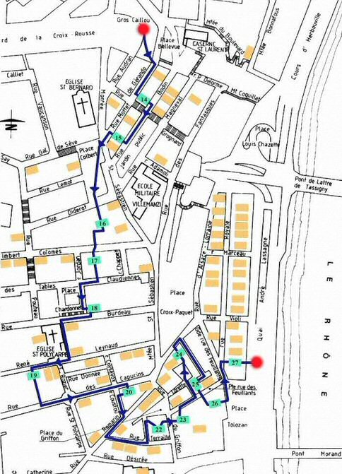 Parcours possible à travers les traboules de Croix Rousse (ouest) à Lyon.