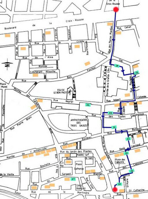 Parcours possible à travers les traboules de Croix Rousse (est) à Lyon.