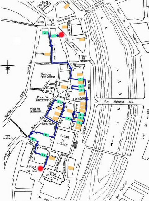 Parcours possible à travers les traboules de Saint Jean dans le Vieux Lyon.