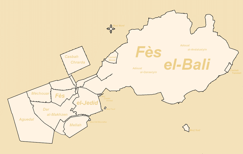 Carte des enceintes et fortifications de la vieille ville de Fès.