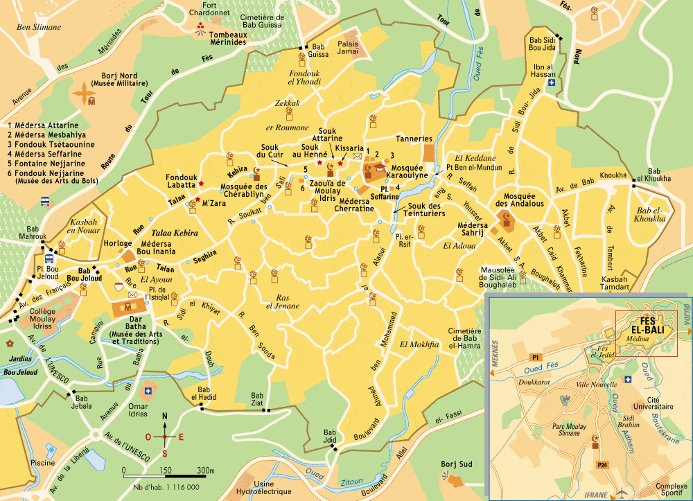 Carte de la Médina de Fès avec les principaux monuments et musées.
