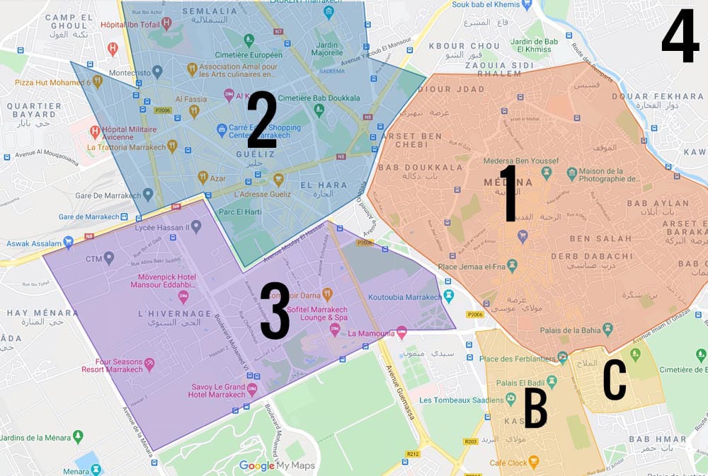 Carte des quartiers de Marrakech : 1. Médina ou vieille ville B. La Casbah, ancien quartier fortifié C. Mellah, ancien quartier juif 2. Quartier de Guéliz, ville nouvelle à l’urbanisme à l’européenne 3. Hivernage, quartier chic avec grands hôtels et boutiques de luxe. 4. Quartier de la Palmeraie.