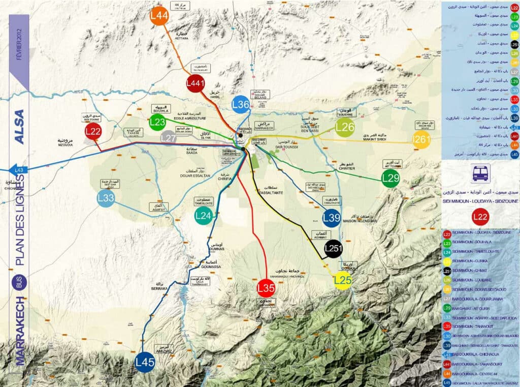Carte du réseau de transport en commun à Marrakech.