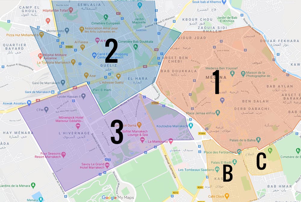 Carte des quartiers de Marrakech : 1. Médina ou vieille ville B. La Casbah, ancien quartier fortifié C. Mellah, ancien quartier juif 2. Quartier de Guéliz, ville nouvelle à l'urbanisme à l'européenne 3. Hivernage, quartier chic avec grands hôtels et boutiques de luxe