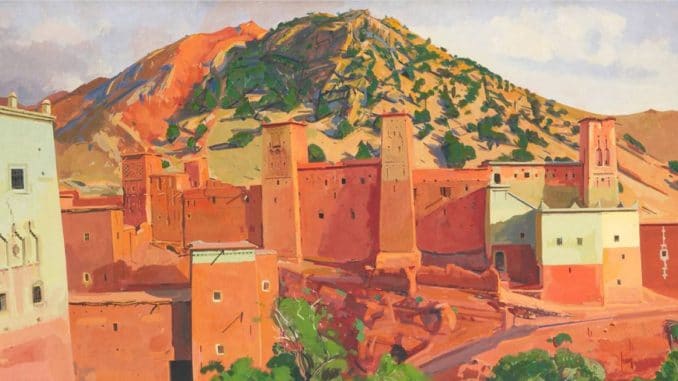 Forteresse dans l'Atlas au Maroc sous le pinceau du peintre Jacques Majorelle.