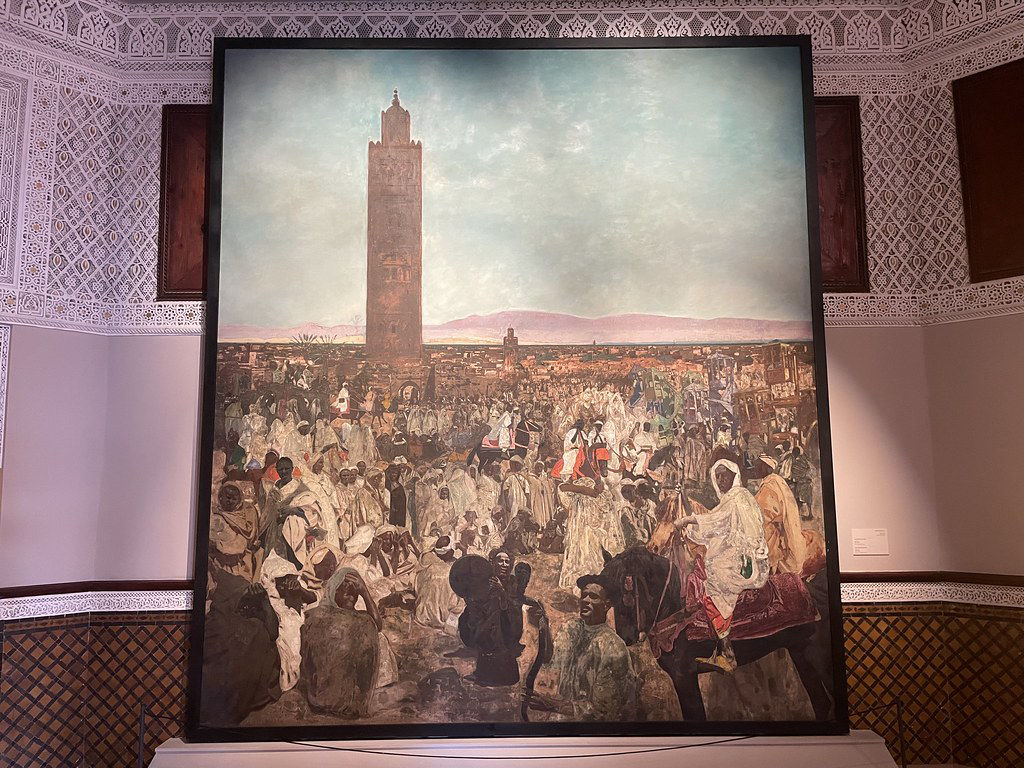 Toile de Majorelle décrivant la place jemaa el Fna avec la Koutoubia.