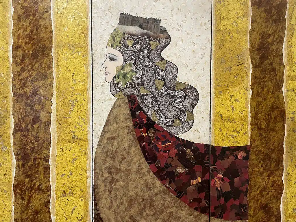 Détail d'une oeuvre de Raja Atlassi, artiste de Casablanca au Musée de la Palmeraie à Marrakech.