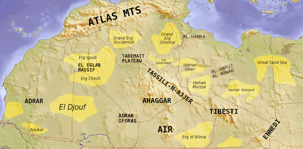 Carte des principaux ergs (ou déserts de sable) du Sahara en Afrique du Nord. Image de T L Miles - Licence CCBYSA3.0