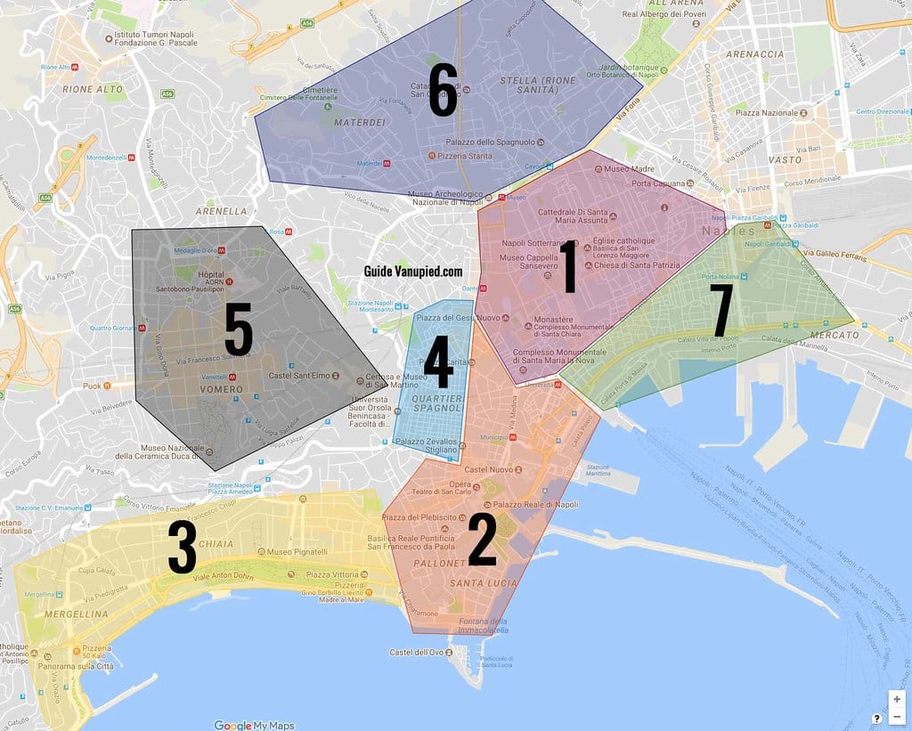 Carte des quartiers de Naples : 1. Centre historique de Naples, 2. San Ferdinando : Centre de pouvoir politique et administratif, ex capitale royale, 3. Chiaia / Mergellina : Beaux quartiers de bord de mer, 4. Quartiers espagnols : Quartier populaire en damier, 5. Vomero : Colline chic de Naples, 6. Sanita/ Matterdei : Colline populaire de Naples, 7. Mercato / Porto : Le port et les quartiers populaires près de la gare.