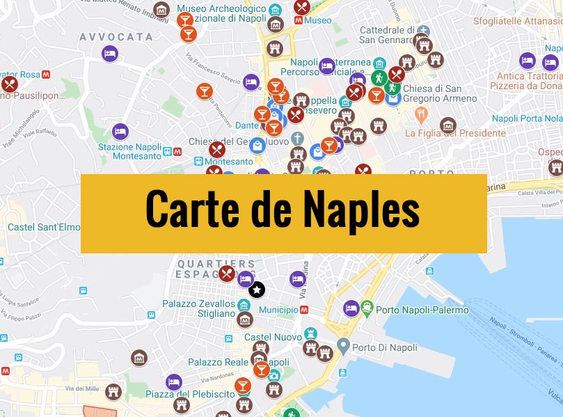Carte de Naples (Italie) avec tous les lieux du guide touristique.
