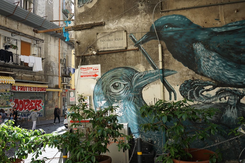 Street art à Naples avec des oiseaux.