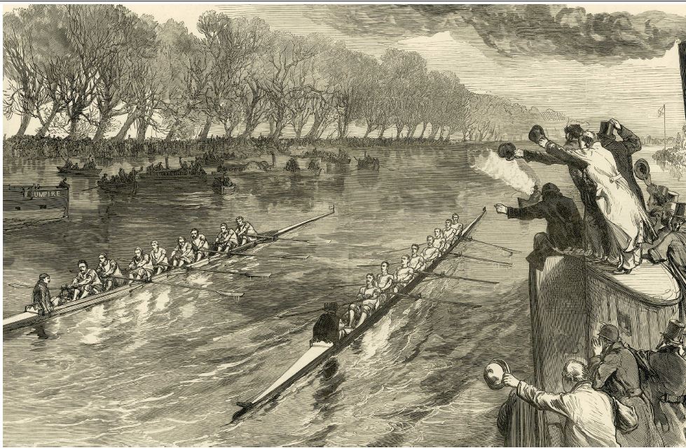 Illustration de la course d'aviron entre Oxford et Cambridge en 1877.