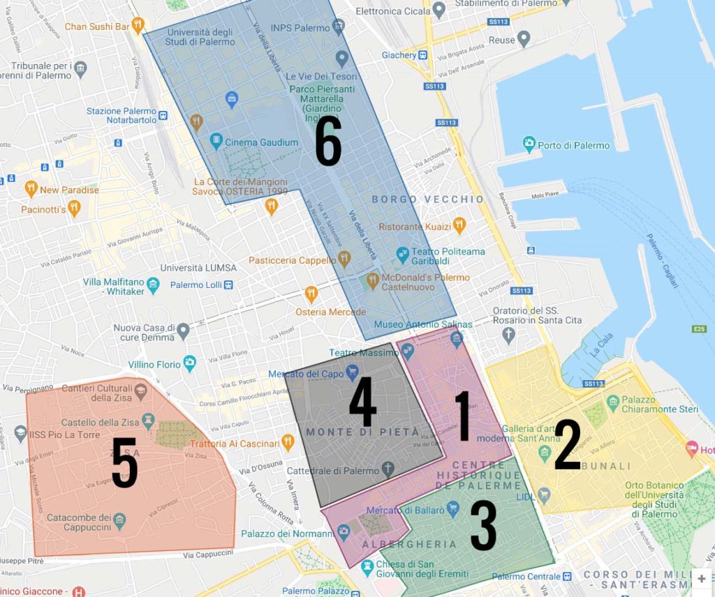 Carte des quartiers de Palerme. Le centre historique regroupe 1,2,3,4. En 1. La partie la plus animée et monumentale 2. Kalsa, quartier du Vieux Palerme où sortir et les musées 3. Albergheria ou Ballaro et la petite Afrique : La partie la plus pauvre 4. Il Capo / Monte di pièta 5. Quartier de la Zisa 6. Quartier Moderne 