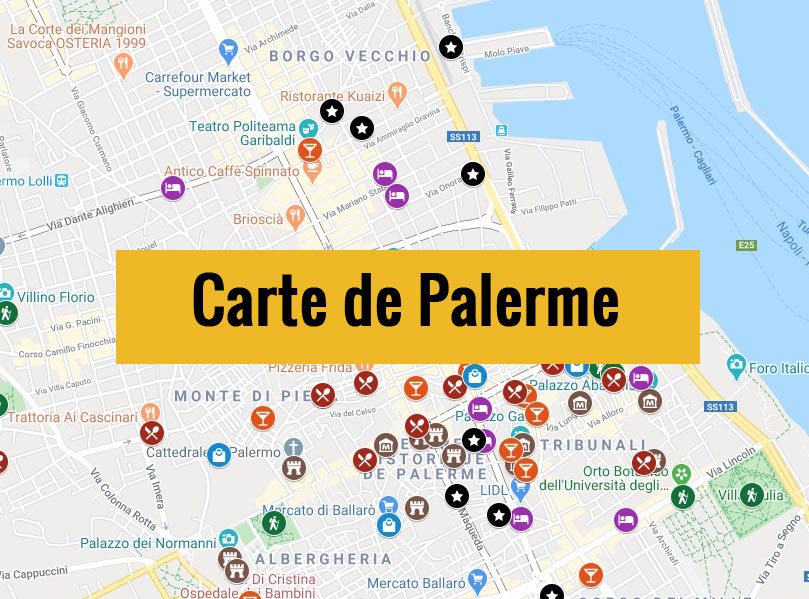 Carte de Palerme (Italie) avec tous les lieux du guide touristique.