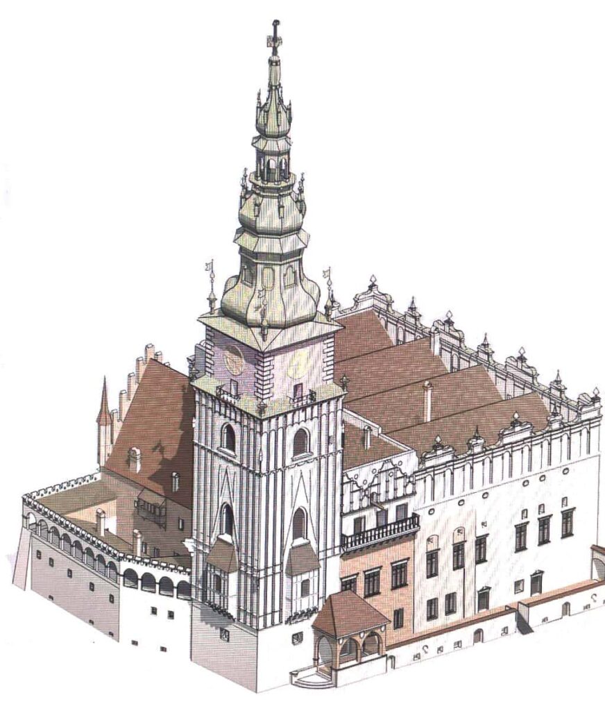 Hotel de ville de Cracovie avec son clocher baroque. Image du Musée de Cracovie.