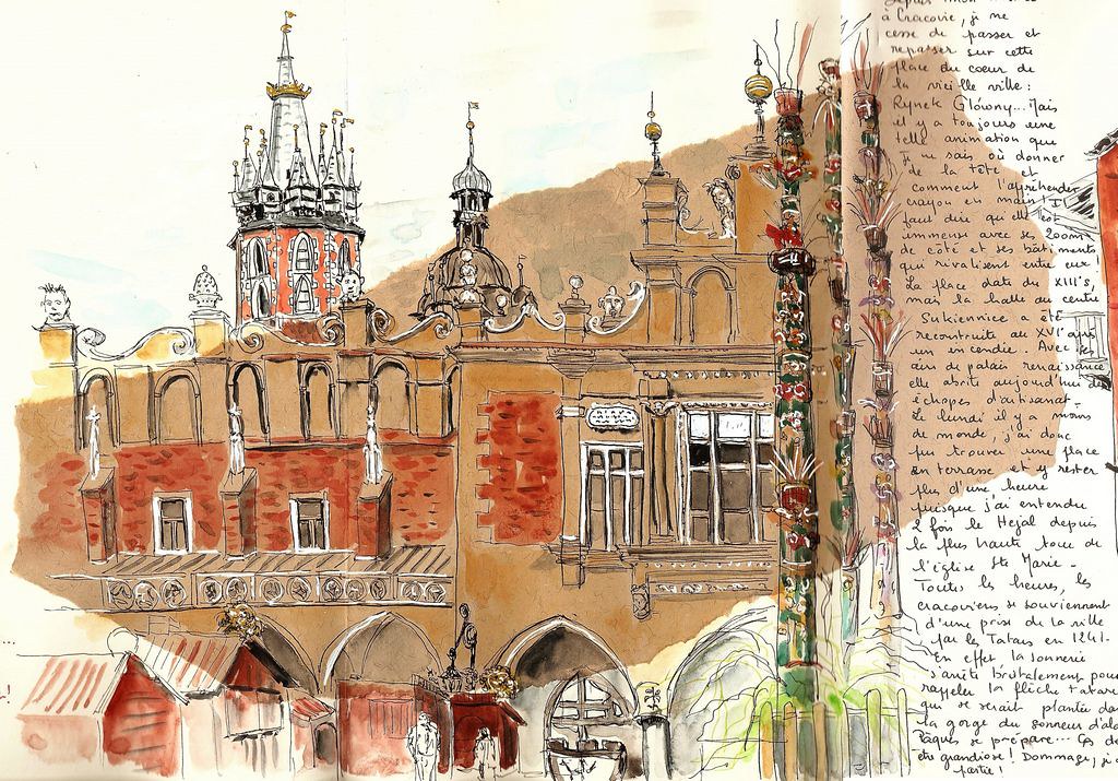 Croquis de voyage de la place du Rynek dans la Vieille Ville de Cracovie par bigoudene46@Flickr.