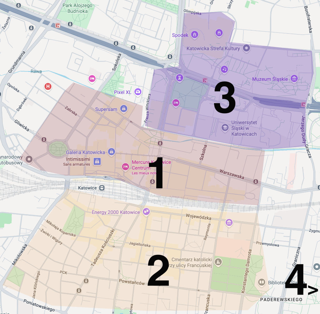 Carte des quartiers de Katowice : 1. Centre-ville Nord, 2. Centre-ville Sud 3. Zone culturelle 4. Nikiszowiec +
Giszowiec
