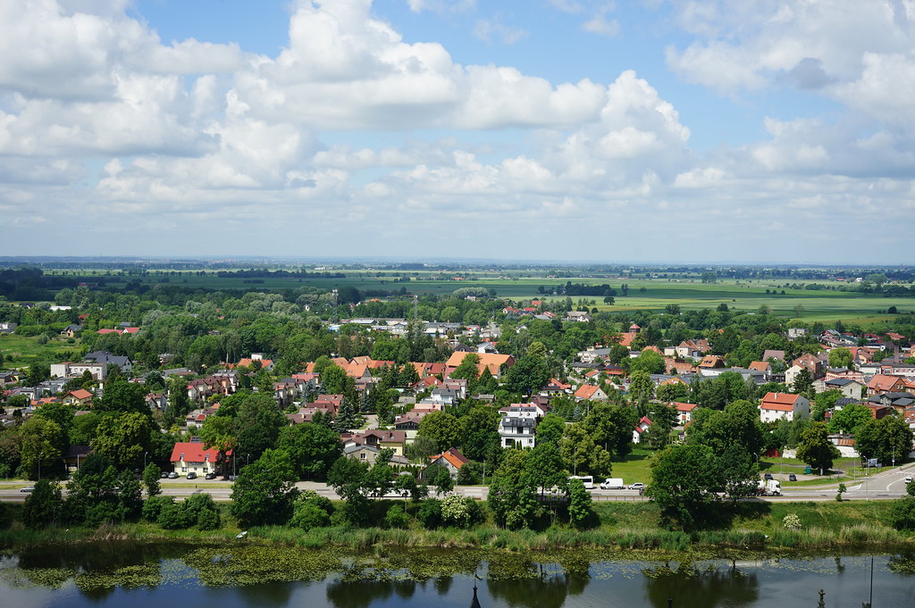 Vue sur la ville derrière le Nogat depuis la tour.