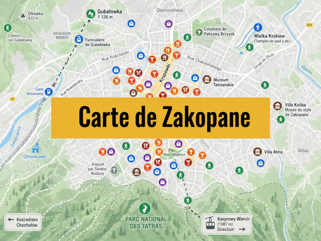 Carte de Zakopane (Pologne) : Tous les lieux du guide