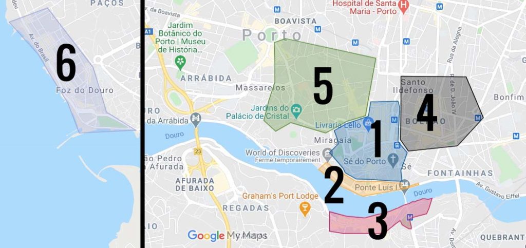 Carte des quartiers de Porto : 1. Baixa / Sé : Centre ville de Porto 2. Ribeira : Sur la rive du Douro 3. Vila Nova de Gaia : Quartier des entrepôts de porto 4. Quartier de Bolhão : Animée et populaire 5. Quartier de Cedofeita : Créatif et étudiant 6. Quartier de Foz do Douro : Bord de mer élégant