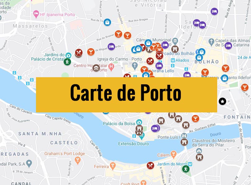 Carte de Porto au Portugal avec tous les lieux du guide.