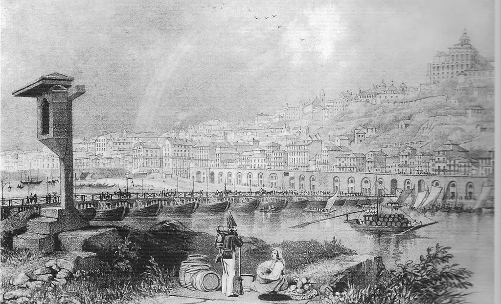 Pont de barques à Porto avant 1848. Dessin de Joseph James Forrester.