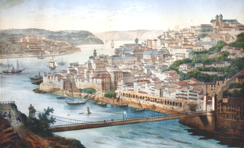 Pont Maria II à Porto après 1843 avant la construction du pont Luis I. Illustration signé Lebaetoal.