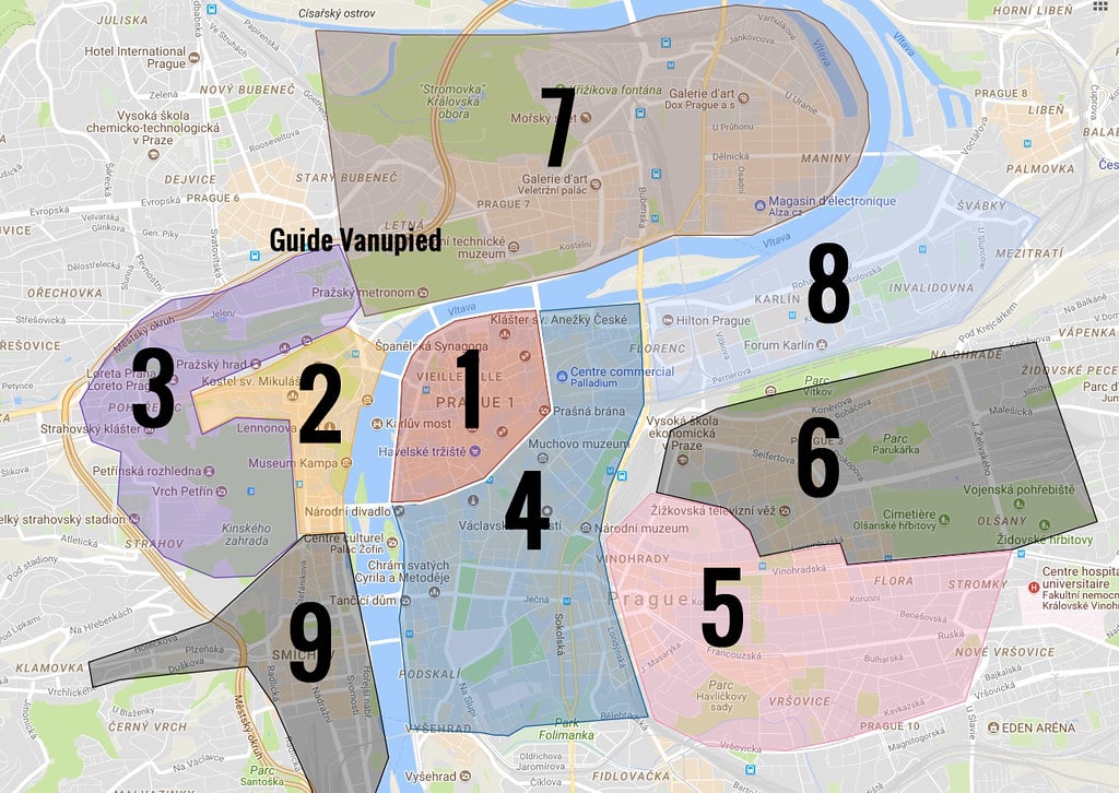 Carte des quartiers de Prague :  1. Staré Město ou Vieille Ville de Prague 2. Mala Strana ou Petit côté 3. Hradcany + Strahov, le quartier du chateau de Prague 4. Nové Město ou Nouvelle Ville de Prague 5. Vinohrady + Vrsovice 6. Zizkov 7. Holesovice 8. Karlin 9. Smichov