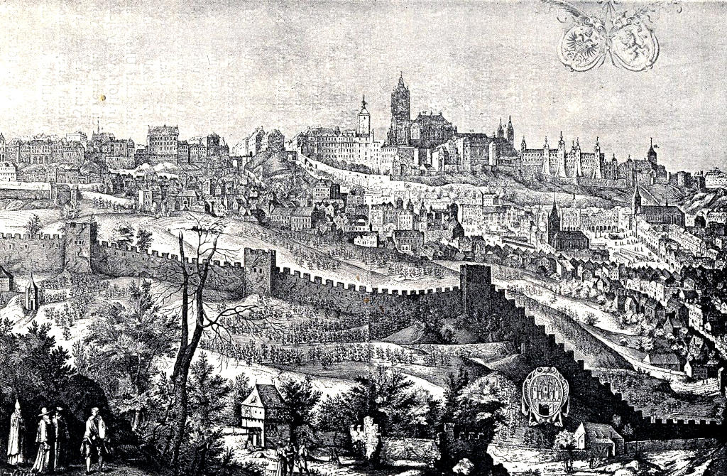 Chateau de Prague derrière les murs de la faim sous Rodolphe II en 1607.
