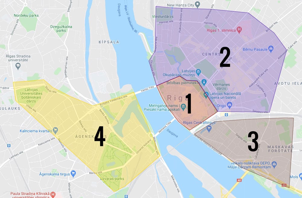 Carte des quartiers de Riga : 1. Vieille Ville reconstruite 2. Centrs, le centre Art nouveau 3. Maskavas Forstate 4. Pārdaugava