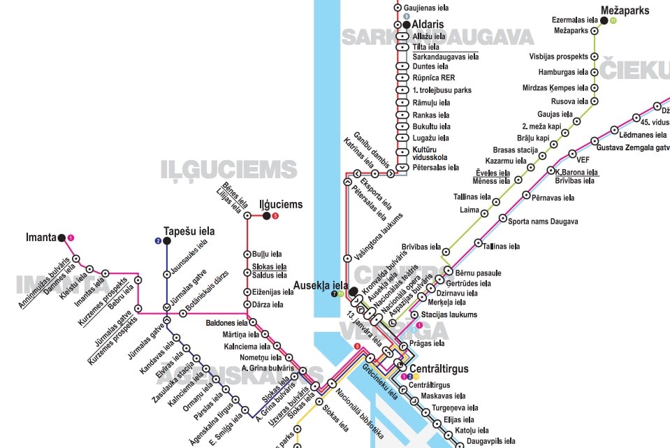 Carte du réseau de tram à Riga : Partie centrale.