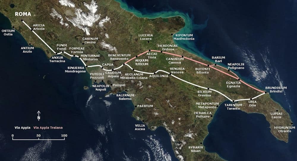 Carte des voies romaines Via Appia et Via Appia Trainana (en rouge) nommée en l'hommage de Trajan.