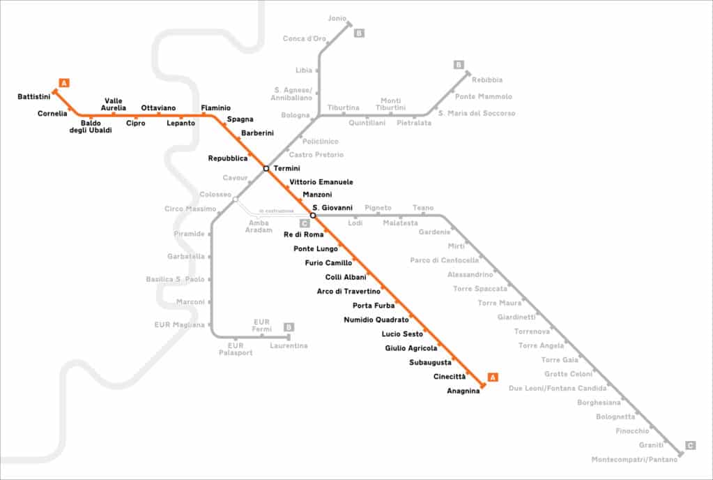 Ligne A du métro de Rome sur la carte du réseau. Image d'Arbalete - Licence CCBYSA 4.0