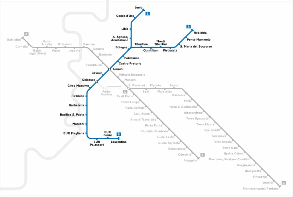 Ligne B du métro de Rome sur la carte du réseau. Image d'Arbalete - Licence CCBYSA 4.0