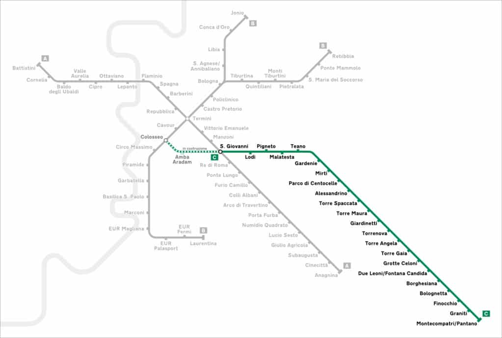 Ligne C du métro de Rome sur la carte du réseau. Image d'Arbalete - Licence CCBYSA 4.0