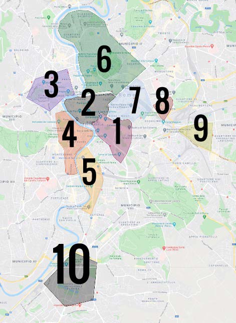 Carte des quartiers de Rome : 1. Quartier antique de Rome 2. Centre historique Renaissance et Baroque 3. Vatican 4. Trastevere 5. Testaccio / Ostiense 6. Beaux quartiers du nord de Rome 7. Quartier moderne autour de la gare Termini 8. San Lorenzo 9. Pignetto 10. Quartier de l'EUR