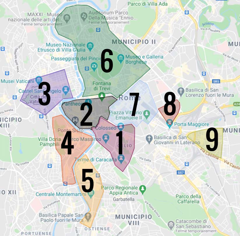 Carte des quartiers de Rome : 1. Quartier antique de Rome 2. Centre historique Renaissance et Baroque 3. Vatican 4. Trastevere 5. Testaccio / Ostiense 6. Beaux quartiers du nord de Rome 7. Quartier moderne autour de la gare Termini 8. San Lorenzo 9. Pignetto