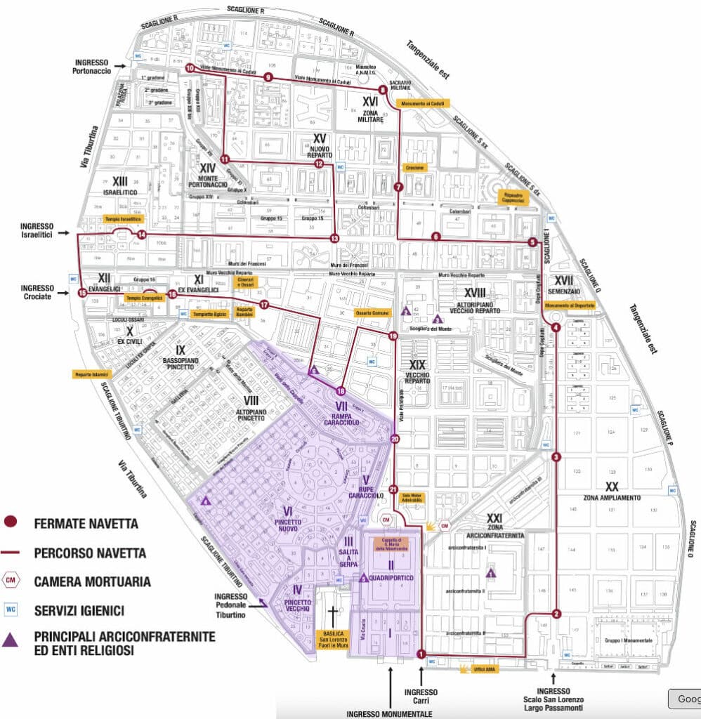 Carte du Cimetière Verano à Rome. En violet, la partie historique la plus intéressante d'un point de vue artistique.
