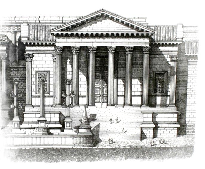 Reconstitution du temple de la Concorde sur le Forum de Rome d'après F. Corni. Image de Cassius Ahenobarbus