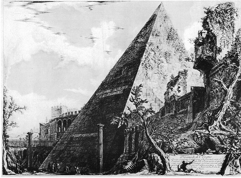 Pyramide de Cestius dans le quartier de Rome. Illustration du 18e siècle de Piranesi.