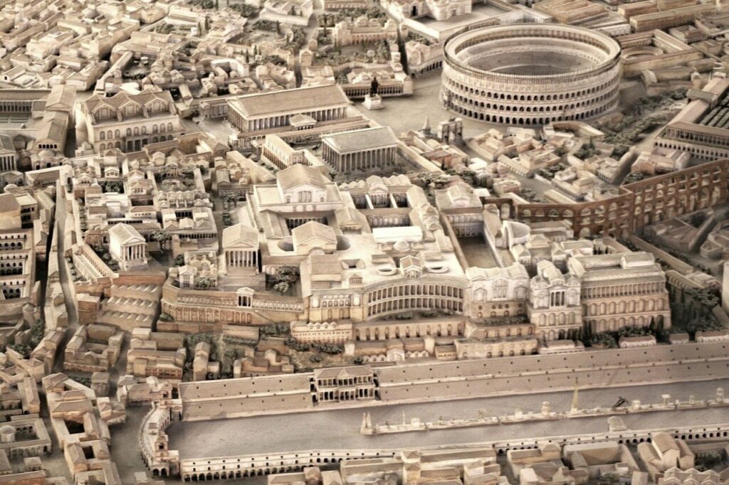 Vue sur la Colline palatine à Rome pendant l'antiquité vers 400. Photo de Cassius Ahenobarbus d'une maquette de Gismondi.