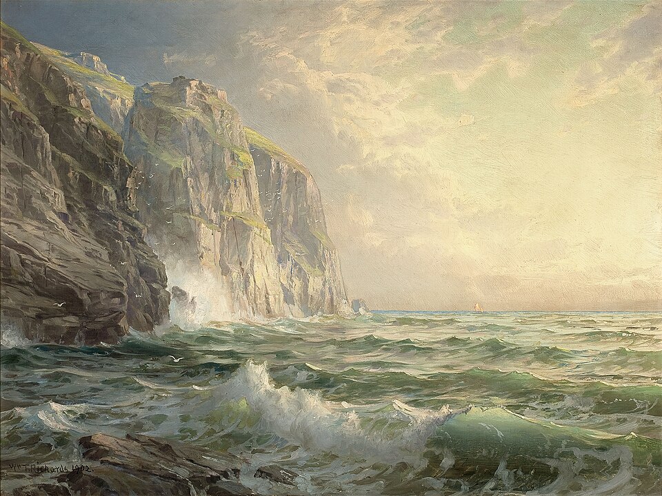 "Rocky Cliff with Stormy Sea" dans les Cornouailles, tableau de William Trost Richards (1902)