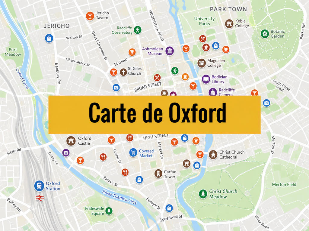 Carte d'Oxford (Angleterre) avec tous les lieux du guide Vanupied.