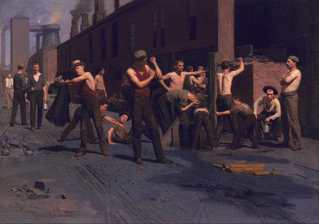 "The Ironworkers’ Noontime" de Thomas Pollock Anshutz (1880) au Young Museum de San Francisco.