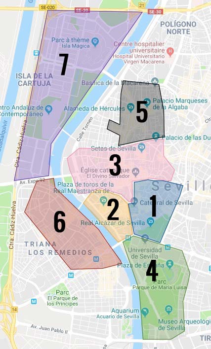 Carte des quartiers de Séville : 1. Santa Cruz, le coeur historique de Séville 2. Quartier d’Arenal 3. Centre de la Vieille Ville de Séville 4. le quartier de Sur vert et aéré 5. Alameda : Alternatif et bohême 6. Triana, l’ancien quartier gitan 7. Cartuja, le quartier moderne de l’expo ’92