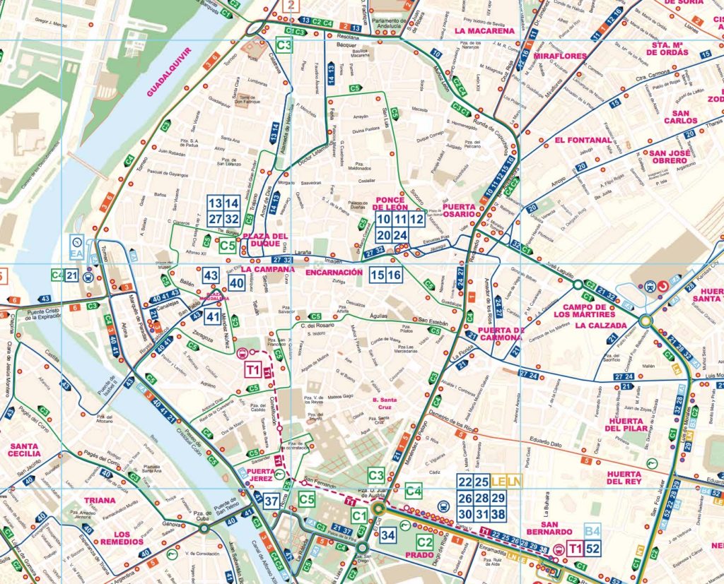 Carte du réseau de transport en commun dans le centre de Séville.